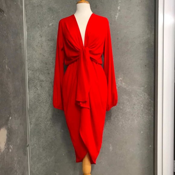 Sheike Dresses & Skirts - SHEIKE Majorca Red Plunge Tie Front Long Sleeve Midi Dress NWT
